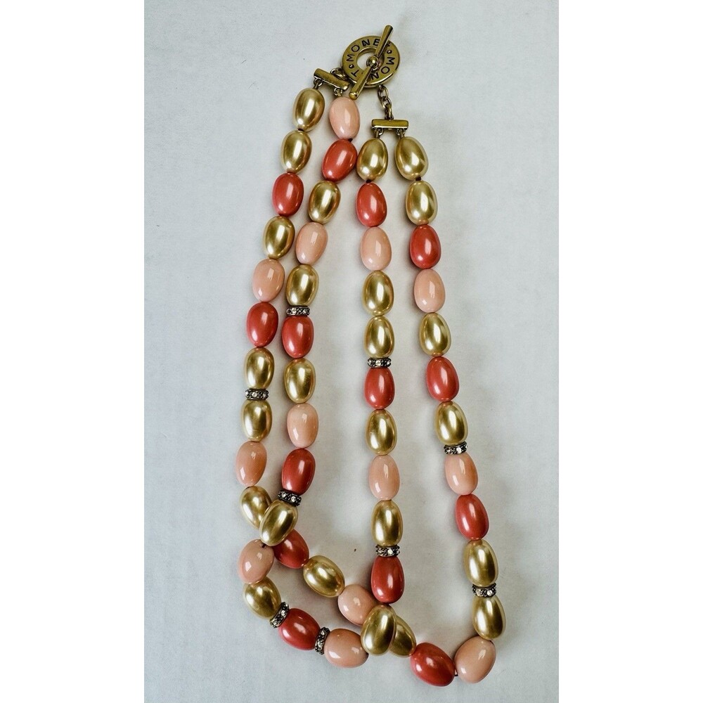 Vintage Signed Monet Necklace Champagne Salmon Pink Beads Rhinestone Spacers 16”